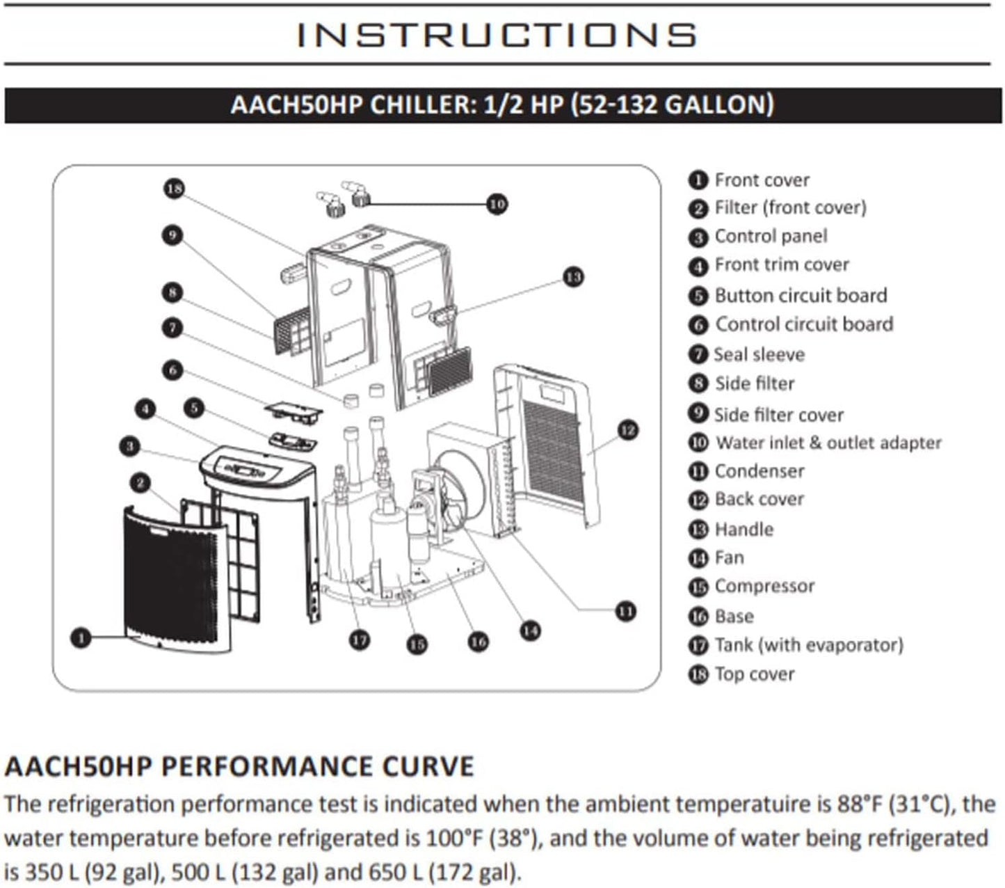 Active Aqua AACH50HP Water Chiller for Aquarium, Hydroponics, Bathtub – 0.5 HP, Fast Cooling, 90-172 Gallons, Titanium Evaporator – Fittings Included