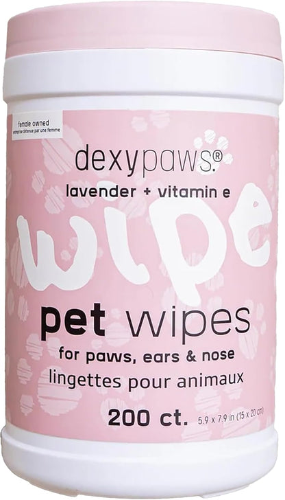 Dexypaws: Pet Wipes - Lavender & Vitamin E - 200ct Canister Cleansing Wet Wipes, Cats & Dogs Grooming Care, Paws-Face-Ears-Nose, Moist-Gentle-Portable