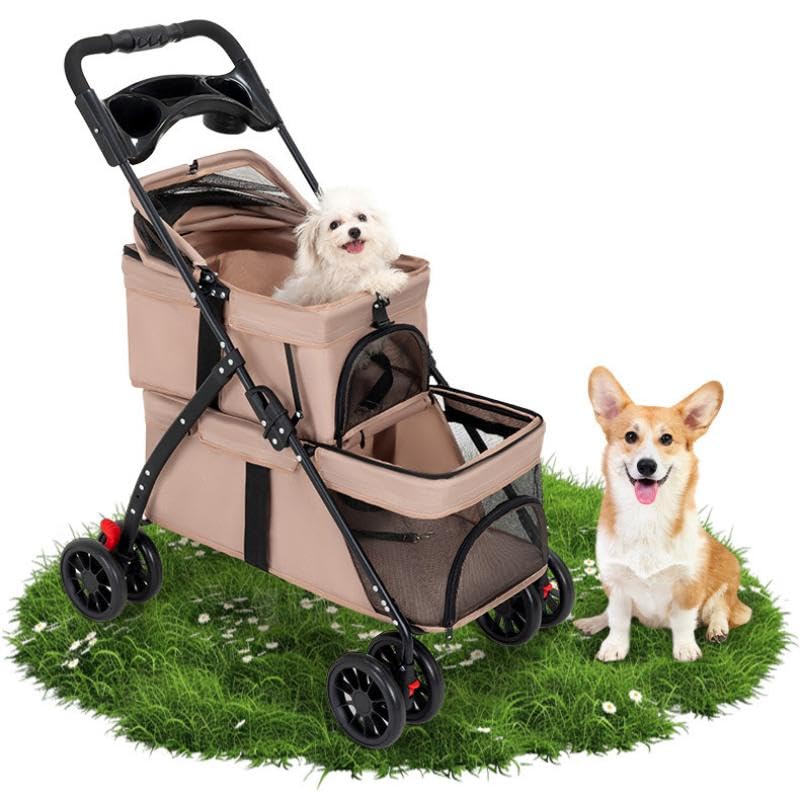 YYW Double Pet Stroller for Dogs and Cats, One-Hand Foldable Dog Stroller with Cup Holder