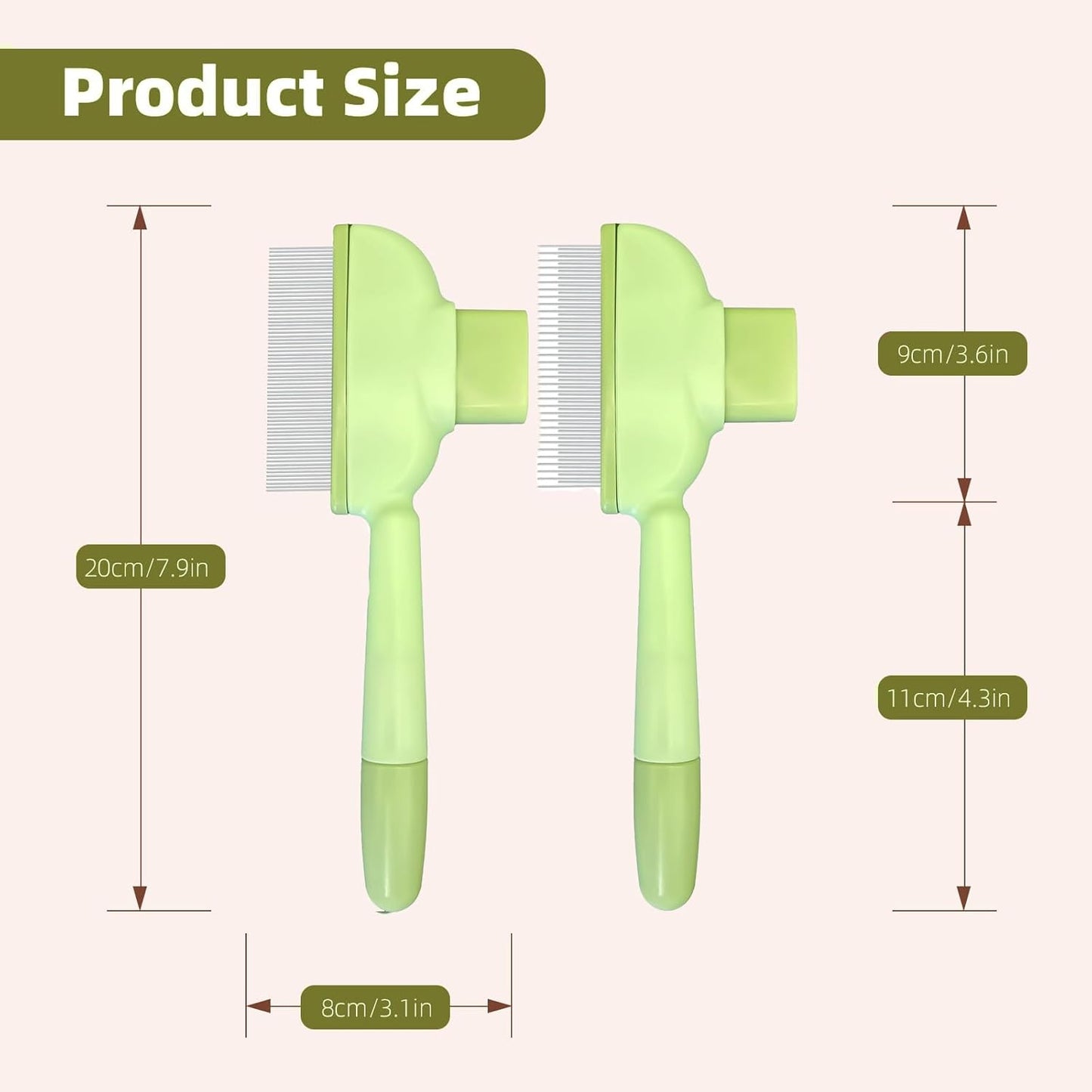 TerraKin 2-Pack Flea Comb for Dogs & Cats, One-Click Self-Cleaning Pet Grooming with Release Button, Long & Short Stainless Steel Teeth for Deshedding, Removing Fleas & Massaging,Green