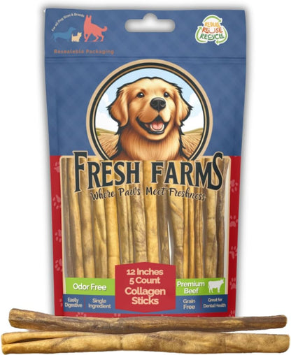 Natural Collagen Sticks for Dogs 5 Pack - 12 Inches – Long-Lasting Alternative to Bully Sticks, Rawhide-Free Collagen Chews w/Chondroitin & Glucosamine for Joint Support & Dental Health