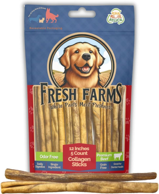 Natural Collagen Sticks for Dogs 5 Pack - 12 Inches – Long-Lasting Alternative to Bully Sticks, Rawhide-Free Collagen Chews w/Chondroitin & Glucosamine for Joint Support & Dental Health