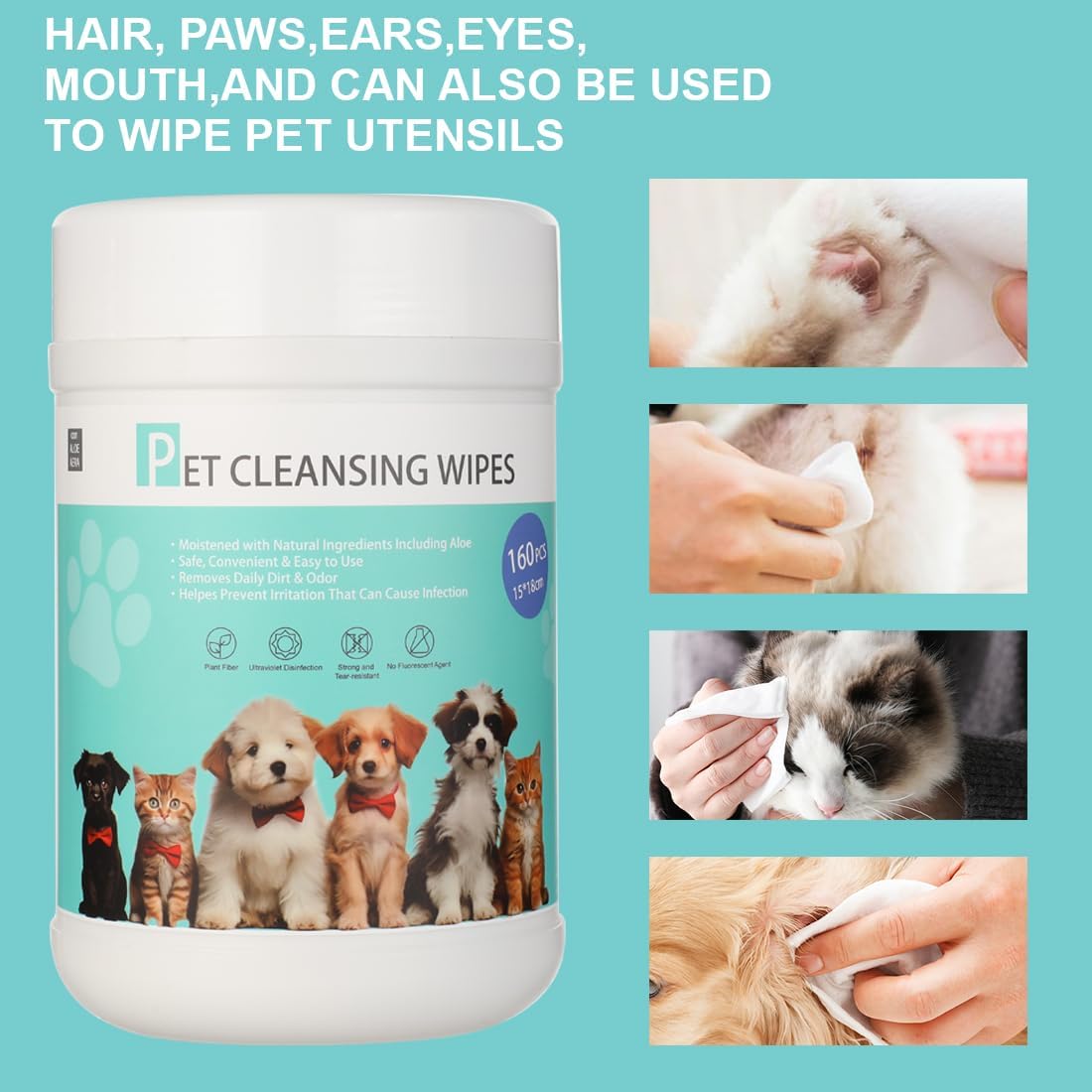 Pet Wipes 160 Count Dog Cleaning Wipe Gentle Paw Wipes for Grooming Ears, Body and Butt, 15 x 18CM