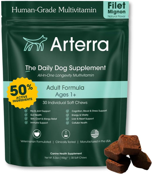 Arterra Longevity Multivitamin for Dogs – 50% Active Ingredients – Vet-Formulated Daily Soft Chews for Gut, Brain, Joint & Immune Health – Human-Grade Supplement | 30 Count