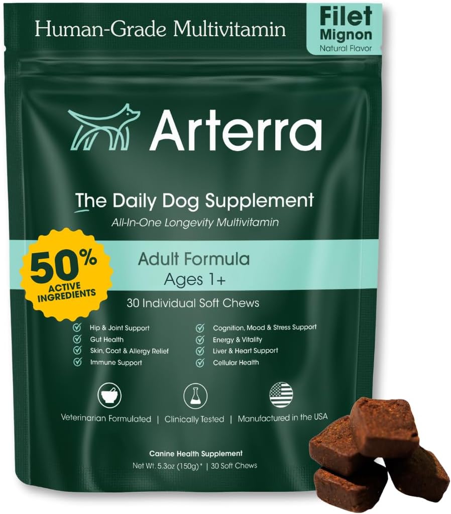 Arterra Longevity Multivitamin for Dogs – 50% Active Ingredients – Vet-Formulated Daily Soft Chews for Gut, Brain, Joint & Immune Health – Human-Grade Supplement | 30 Count