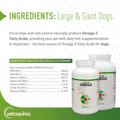 Vetoquinol Triglyceride Omega 3 Supplement for Large Dogs, Dog Fish Oil Supplement with EPA and DHA, Promotes Skin, Coat, Joint, and Immune Health, Omega 3 Fish Oil for Dogs 60lbs or More, 250ct