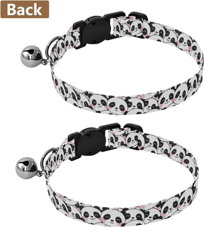 Panda Cute Black White Animal Dog Collar with Metal Bell Adjustable Soft Pet Collars for Small Dogs Cats, 2 Pcs