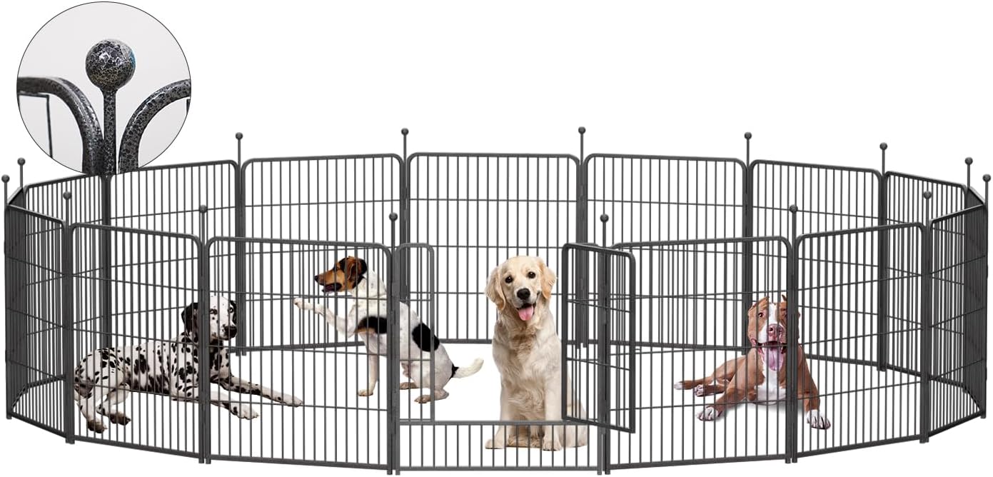 Dog Playpen,32/40/45 Inch Height in Heavy Duty, Folding Indoor Outdoor Anti-Rust Dog Exercise Fence, Portable Pet Playpen with Door for Large Medium Small Dogs and Pet (16 Panels, 32 Inch) Silver