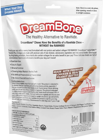 DreamBone CollaYUMS Twists Plus Collagen Chews for Dogs, 10 Count, Treat Your Dog to Rawhide-Free Chews Made with Chicken, Vegetables and Peanut Butter