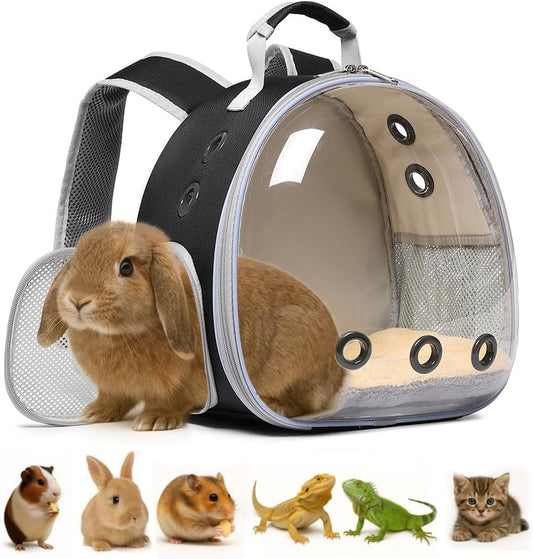 Bunny Carrier, Guinea Pig Carrier,Small Animal Carrier Backpack for Rabbit,Bearded Dragon, Lizard,Hamster,Kitten. Breathable Pet Travel Cage Bag Perfect for Vet Visits & Outdoor Adventures (Black)
