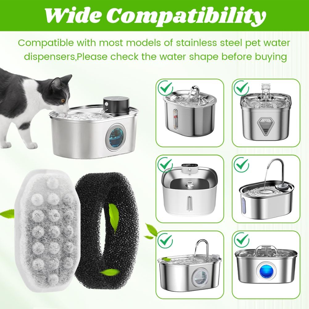 Cat Water Fountain Filters,Cat Fountain Replacement Filter Includes 8/16 Pet Replacement Filters 8/16 Sponges Compatible with 2/3/3.2/4LStainless Steel Pet Water Dispenser