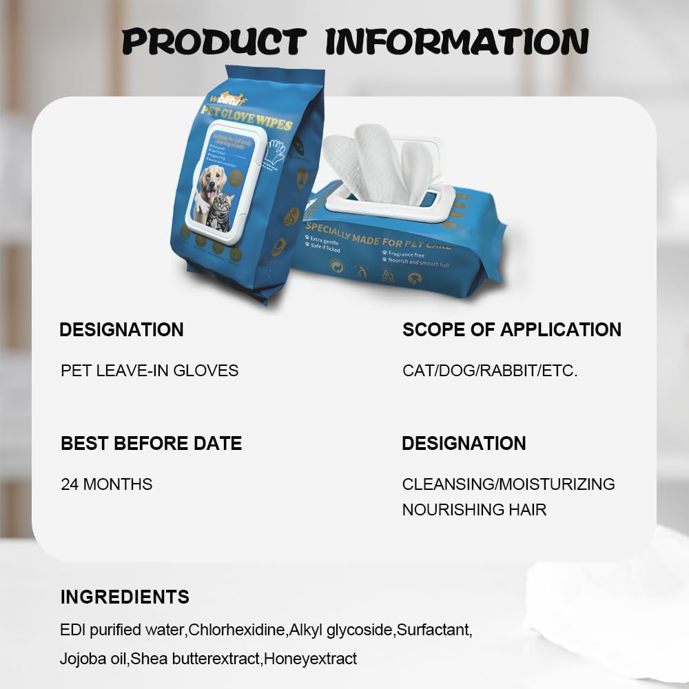 Pet CleaningGlove Wipes for Dogs & Cats, No-Rinse Grooming Wipes, Hypoallergenic Deodorizing Disposable Bathing Wipes,Extra Thick,Perfect for Pet Dry Cleaning,Daily Care and Travel,20 pcs