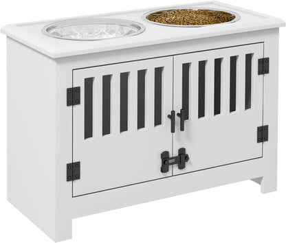 GREAZ Modern Elevated Dog Bowl Stand with Storage Cabinet for Healthier Meals, Stylish and Functional, for Larger Dogs, White