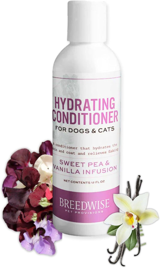 Dog & Cat Conditioner | Moisturizing Hypoallergenic Formula for Soft, Shiny Coat | Sweet Pea & Vanilla | 12oz Bottle - Made in USA - Breedwise