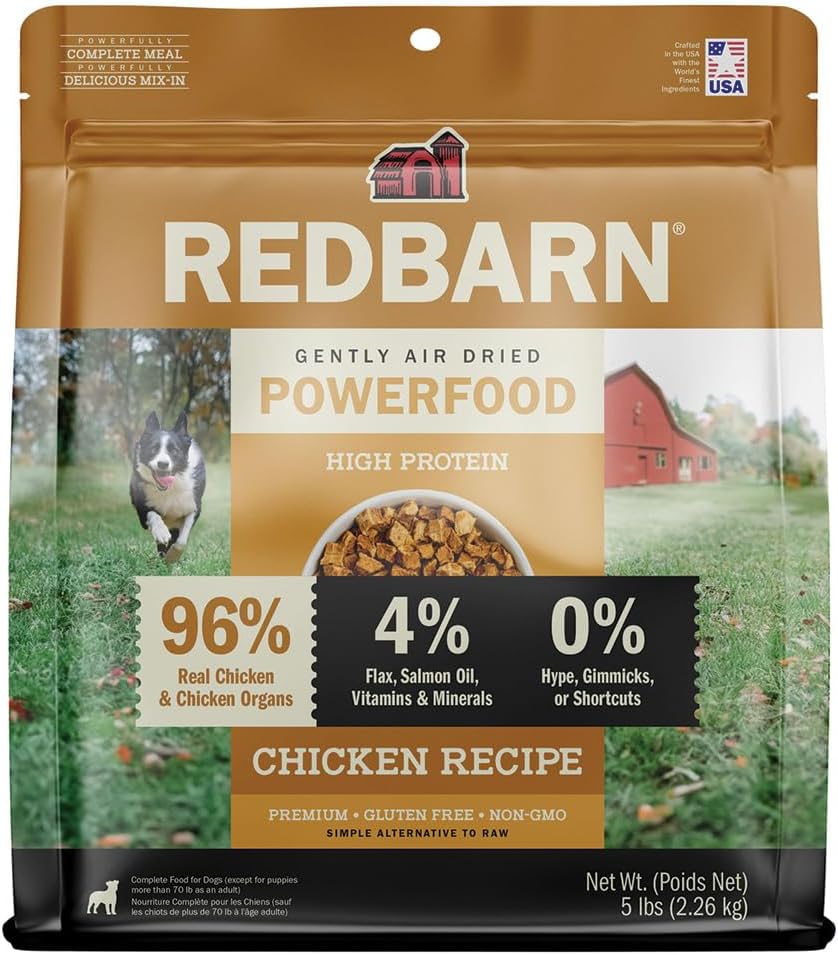 Redbarn Powerfood Air Dried Dog Food - 96% Chicken & Chicken Organs - High Protein Grain-Free Non-GMO Premium Dry Full Feed or Topper Made in USA with Omega 3 Salmon Oil Flaxseed - 5lb
