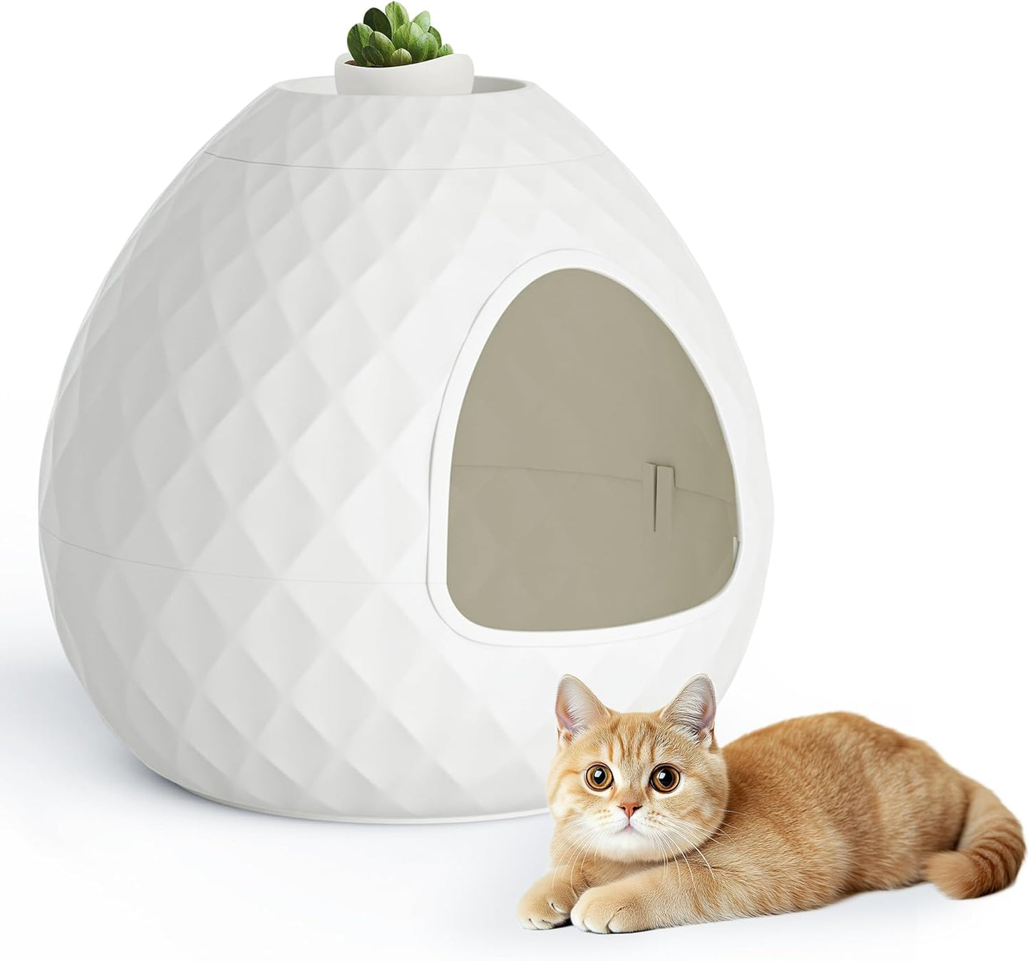 Hidden Litter Box Enclosure, Decorative Litter Box for Indoor Cats and Dogs Use, Round Kitty Litter Box Furniture Easy Clean Odor Control, Warm White