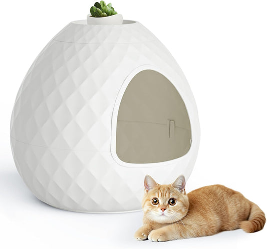 Hidden Litter Box Enclosure, Decorative Litter Box for Indoor Cats and Dogs Use, Round Kitty Litter Box Furniture Easy Clean Odor Control, Warm White