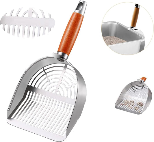 Cat Litter Scoop Metal 304 Stainless Steel, One-Piece Pressed Design with No Weld Spots, Durable Anti-Break Handle, Dual Slot Sizes, with Holder Stand, Easy to Clean, Filters Small Litter Clumps