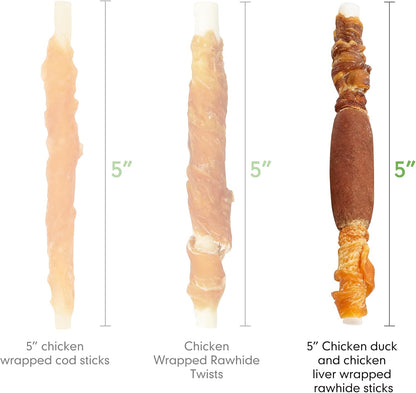 MON2SUN Dog Treats, Triple Flavor 5 Inch Chicken Liver Duck and Chicken Wrapped Rawhide Snacks for Small and Medium Dogs, 21.16 Oz (30 Count-Pack of 1)