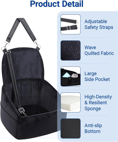 Dog Car Seat for Small Medium Dogs, Pet Booster Seat with Extendable Backrest, Pet Portable Car Seats up to 30 lbs, Washable Travel Bed with Storage Pockets and 2 Safety Leashes, Black