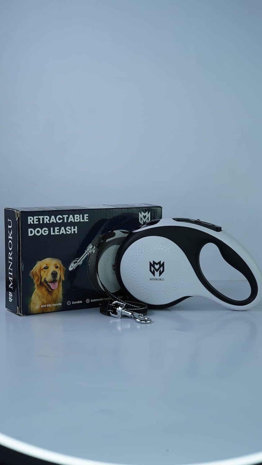 Minruko Retractable Dog Leash with LED Light – 360° Tangle-Free 16ft Heavy-Duty Nylon Tape Leash | One-Hand Brake, Pause & Lock System | Medium Dogs (White)