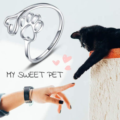 Puppy Lovers Paw Print Heart 925 Sterling Silver Adjustable Ring - Pet Animal Jewelry Creative Pierced Love Dog Cat Claw Ring - Gift for Pet Loving Friends and Families