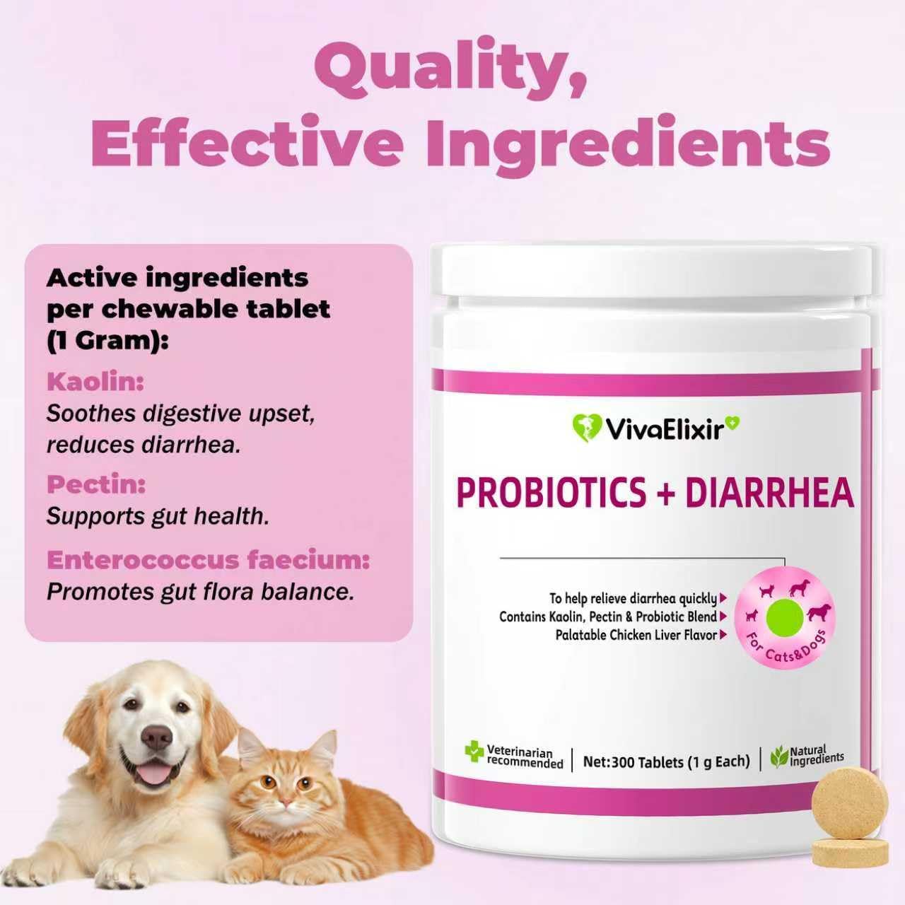 Probiotics for Dogs - Diarrhea Relief for Dogs and Cats - Supports Relief of Diarrhea and Loose Stools - Supports Digestive Balance and Gut Health - with Kaolin Clay and Probiotics - 300 Tablets