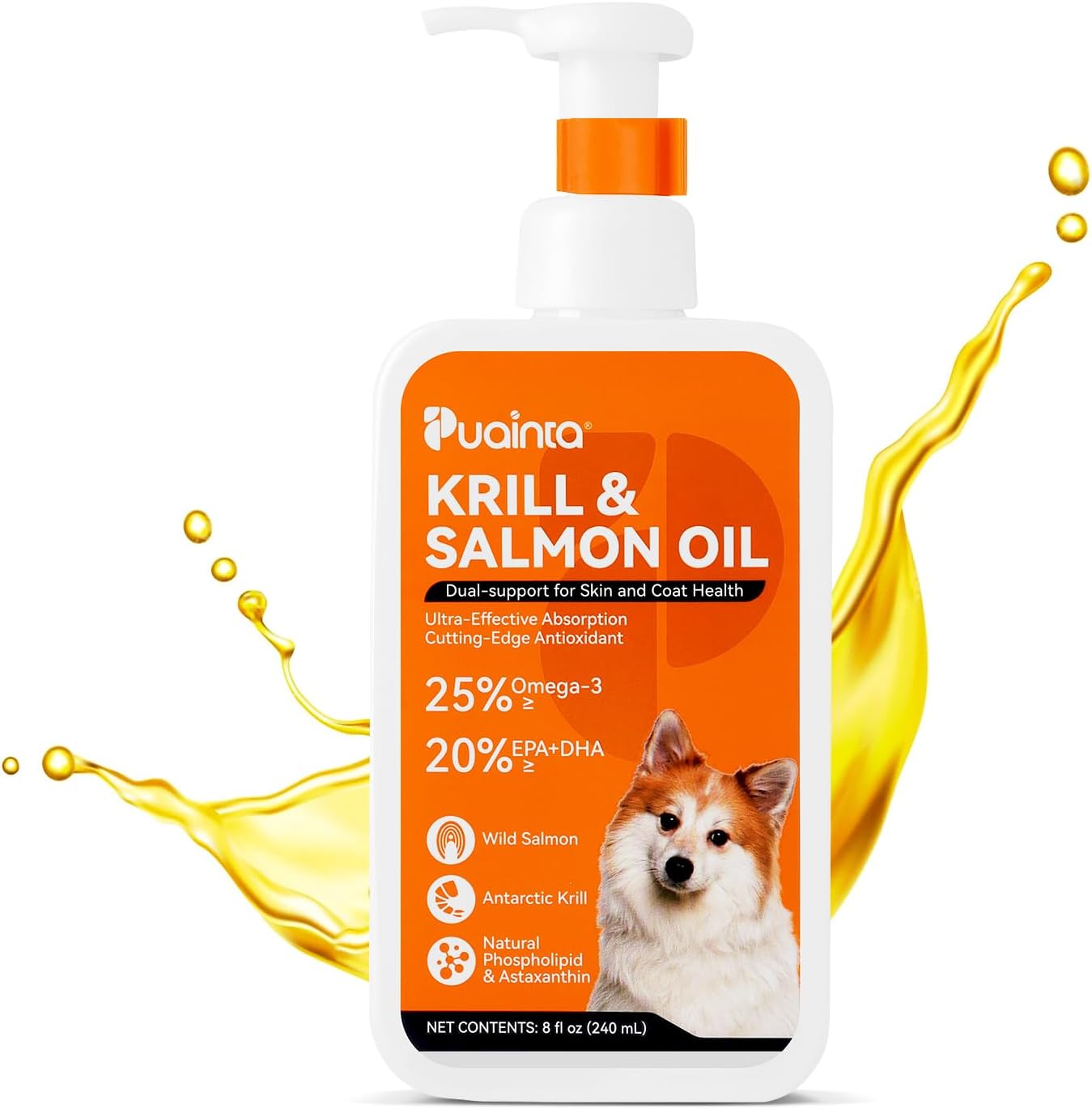 Krill and Salmon Oil for Dogs & Cats for Healthy Skin and Coat, 25% Max Omega 3 for Dog Fish Oil Supplement with EPA & DHA, Vitamin A, E for Dry Skin, Itchy & Allergy Skin Relief -8 oz, Liquid