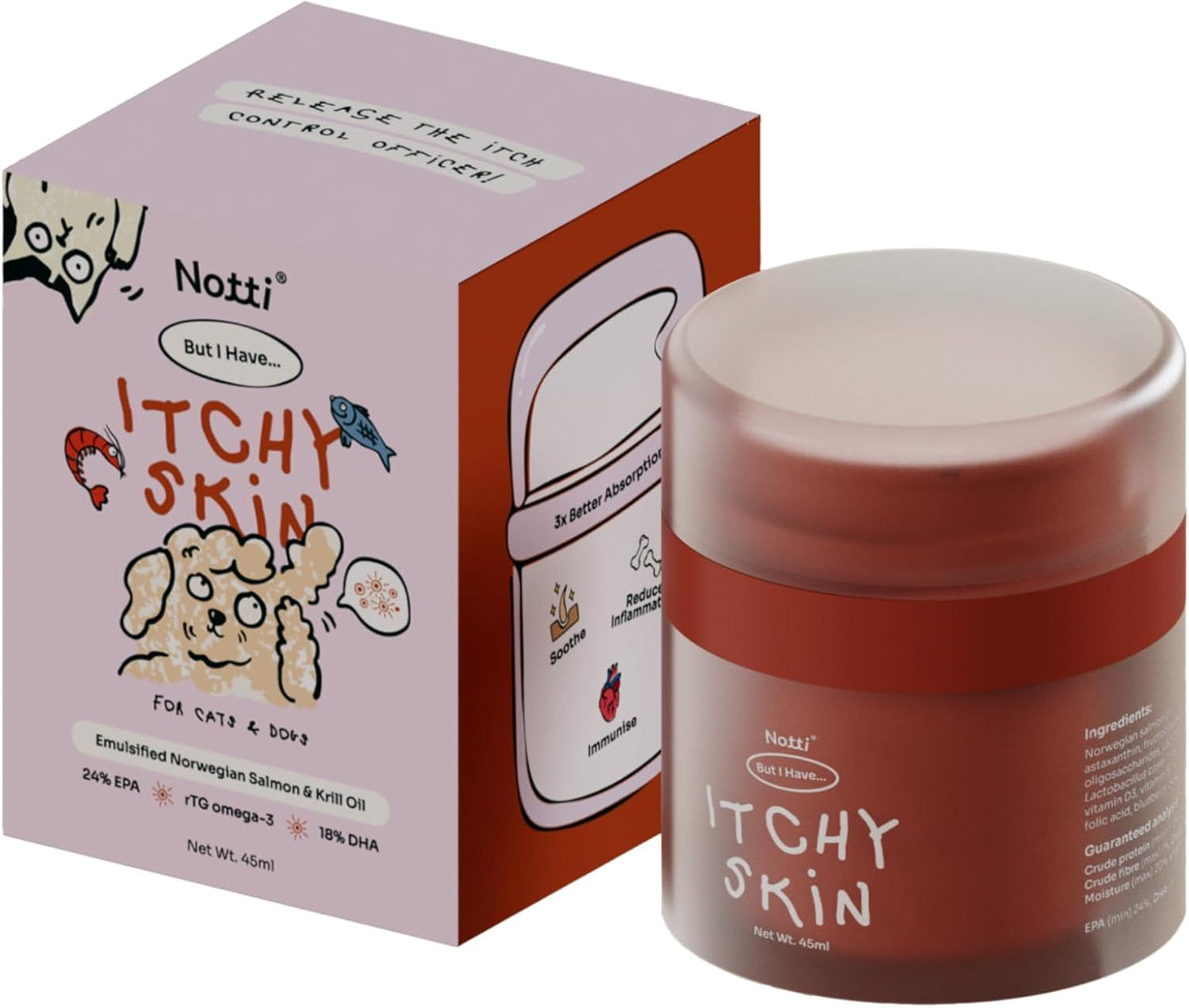 Notti Itchy Skin Allergy Relief - Omega 3 Fish Oil - Itchy Ears - High Concentration - Norwegian Salmon & Krill Oil Pet Supplement for Cats and Dogs - DHA - Probiotics - Joint