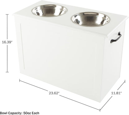 Elevated Dog Bowls with Storage - 16-Inch-Tall Feeding Tray with Hidden Storage Space for Pet Supplies - 50oz Capacity Bowls by PETMAKER (White)