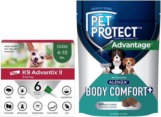 Bundle of K9 Advantix II Small Dogs 4-10 lbs. | 6-Mo Supply + Pet Protect Body Comfort+ Supplement for Dogs | 60 Chews