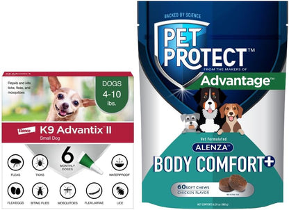 Bundle of K9 Advantix II Small Dogs 4-10 lbs. | 6-Mo Supply + Pet Protect Body Comfort+ Supplement for Dogs | 60 Chews