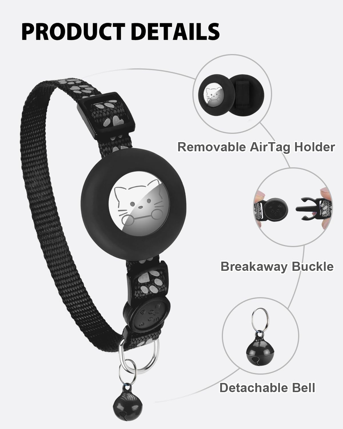 Joytale Reflective AirTag Cat Collar, Breakaway Buckle, 2 Pack Lightweight AirTag Holder Pet Collars with Bell, Adjustable 7.5-12.5 Inch for Girl Boy Cats Kitten Puppy, Black
