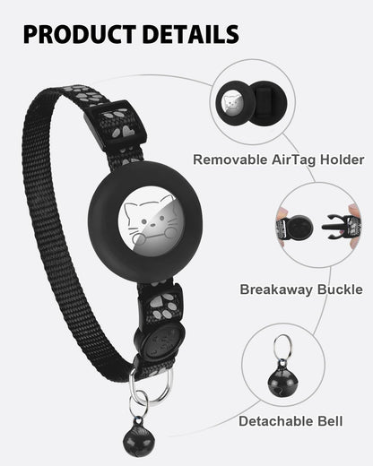 Joytale Reflective AirTag Cat Collar, Breakaway Buckle, 2 Pack Lightweight AirTag Holder Pet Collars with Bell, Adjustable 7.5-12.5 Inch for Girl Boy Cats Kitten Puppy, Black