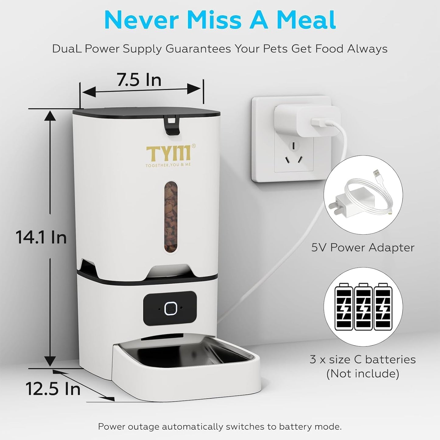 TYM Automatic Cat Feeder, 7L Cat Food Dispenser with 2.4G WiFi, Timed Cats Feeder with APP Control, Auto Pet Food Dispenser for Small Pets, Dogs, Fresh Food, Dual Power Supply, Detachable for Easy