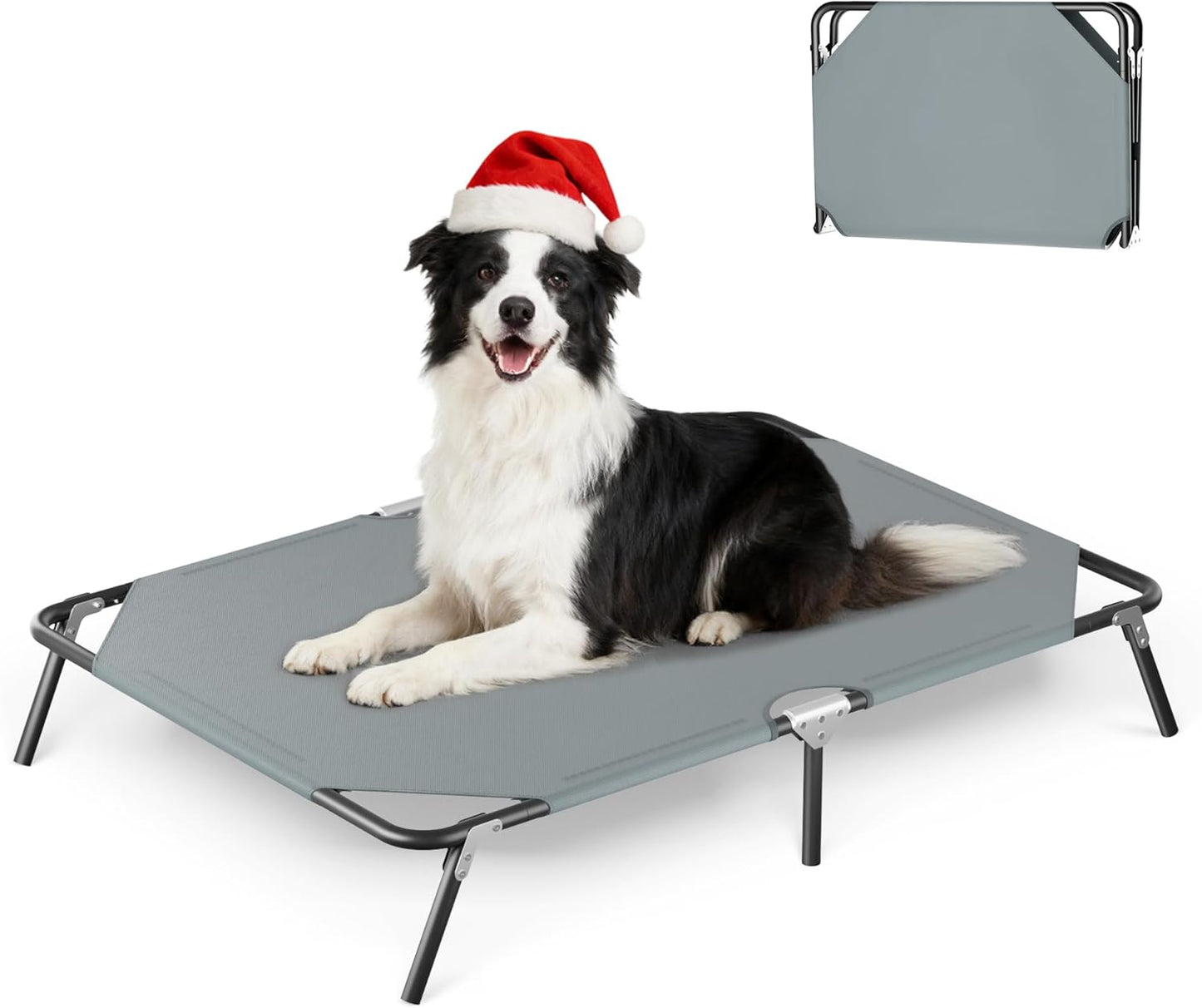 Elevated Outdoor Dog Bed for Large Dogs, Portable Folding Camping Dog Bed, Washable Elevated Pet Beds with No-Slip Feet, Raised Cooling Pet Beds for Indoor & Outdoor Use, Grey, 44 Inches