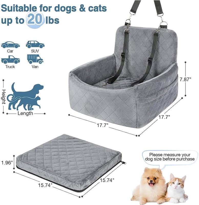 Dog Car Seat for Small & Medium Dogs – Washable & Detachable Pet Booster Seat with Safety Belt, Non-Slip Travel Bed for Cars, Fits Pets Under 20lbs, Storage Pockets(Gray)