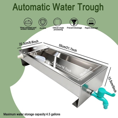 Automatic Livestock Water Trough Animal Stainless Steel Larger Automatic Waterer with Float Valve Kit for Goat Cattle Horse Hog Pigs Dog Water Dispenser Outdoor,22"L x8.6"W x 5.1"H,3 Gallons