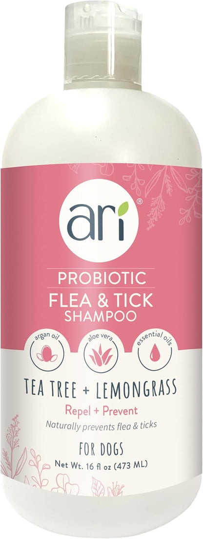 Ari Probiotic Flea & Tick Shampoo for Dogs (16 oz) – Natural Control with Tea Tree & Lemongrass – pH-Balanced, Soothes Itchy Skin, Sulfate-Free