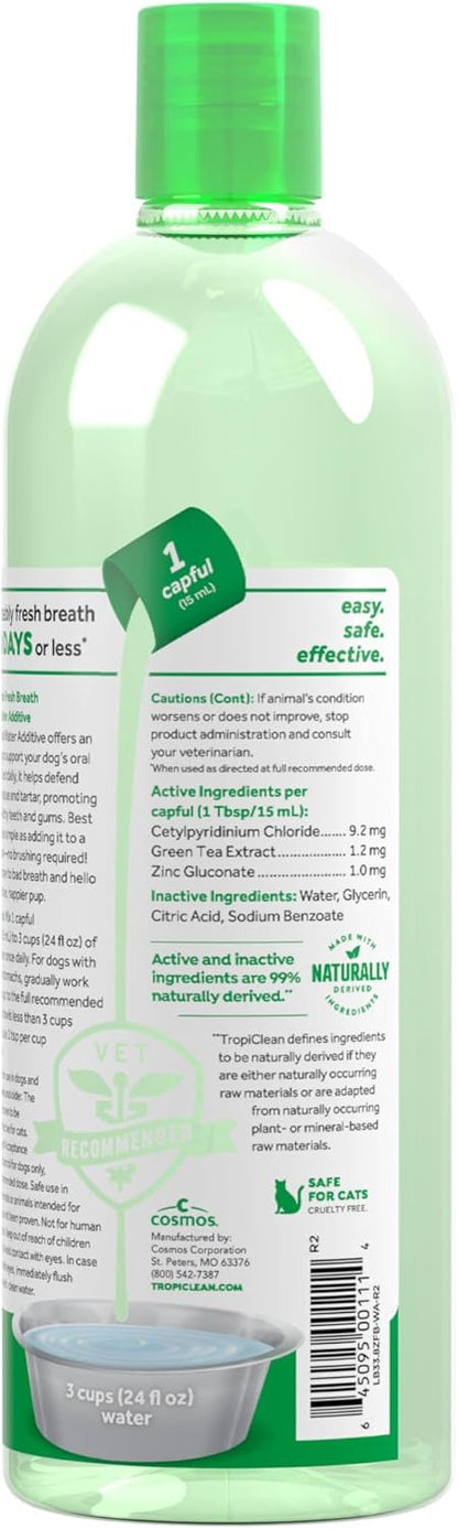 TropiClean Fresh Breath Water Additive for Dogs, Dog Breath Freshener and Teeth Cleaning Solution, No Toothpaste or Toothbrush Required, 33.8oz.