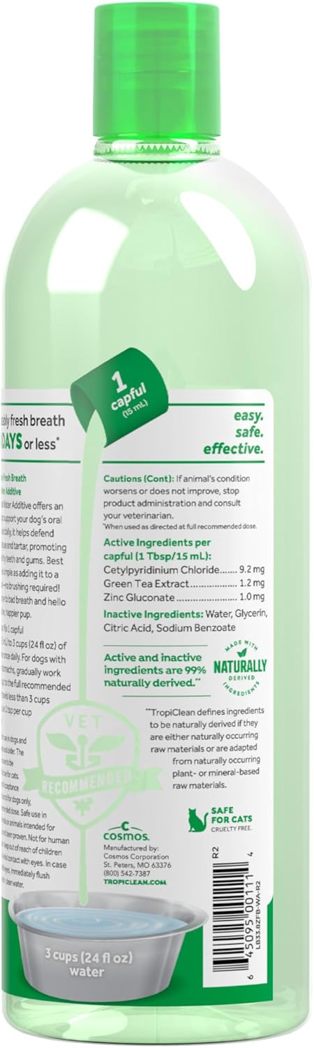 TropiClean Fresh Breath Water Additive for Dogs, Dog Breath Freshener and Teeth Cleaning Solution, No Toothpaste or Toothbrush Required, 33.8oz.