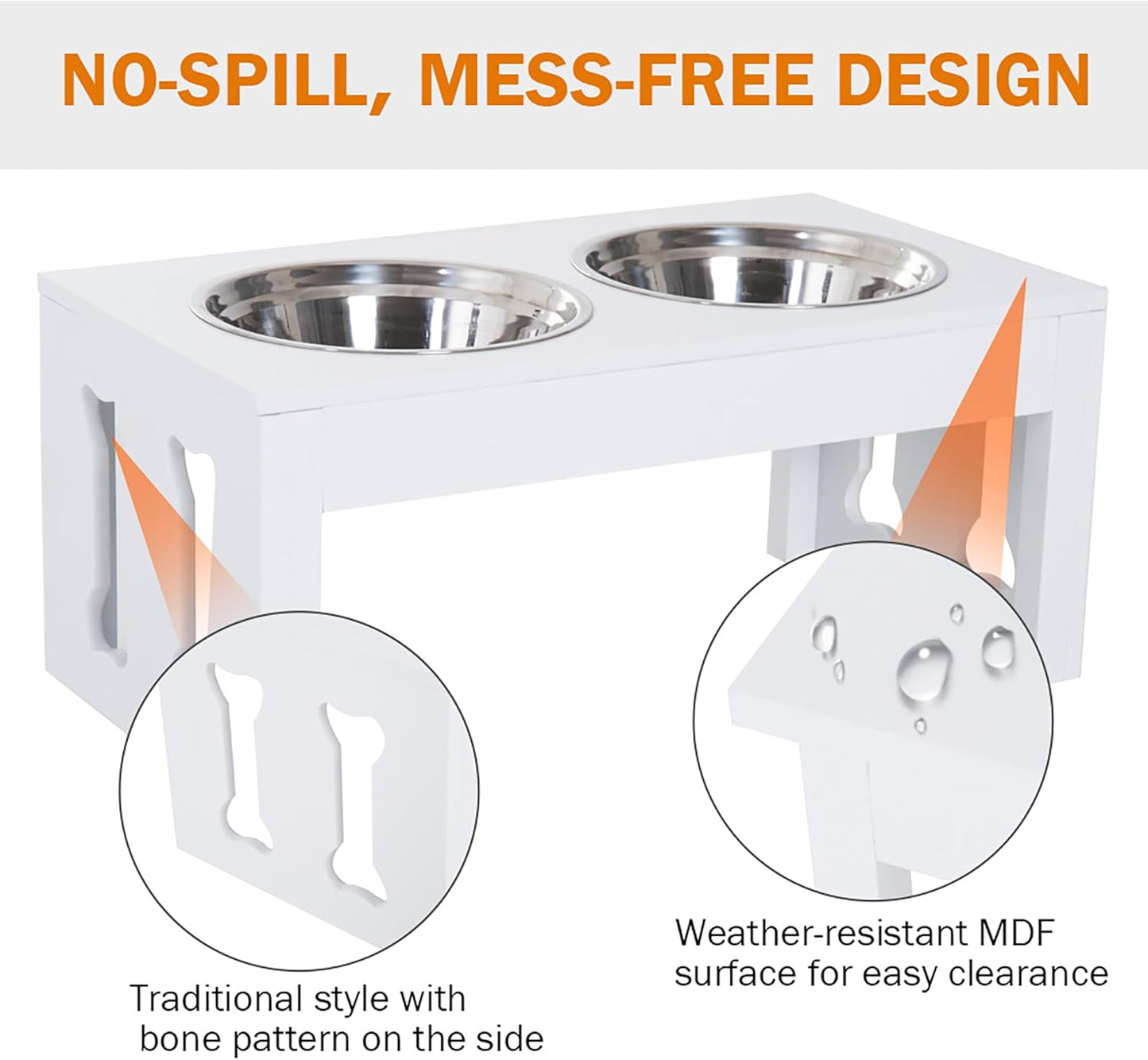 GREAZ 23" Modern Decorative Dog Bone Wooden Elevated Pet Food Bowl Feeding Station, White