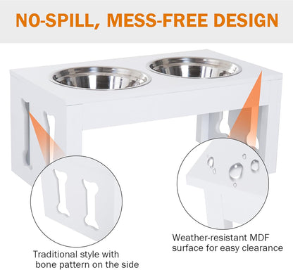GREAZ 23" Modern Decorative Dog Bone Wooden Elevated Pet Food Bowl Feeding Station, White