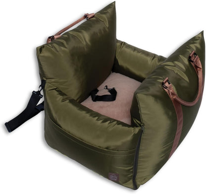 4 Cats & Dogs Marco Travel Pet Bed – Dog Car Seat for Small & Medium Dogs, Waterproof, Faux Fur Cushion, Safety Belt, Washable Cover, Storage Pockets, Booster Seat (Army, Single Seater 18.5" x 21")