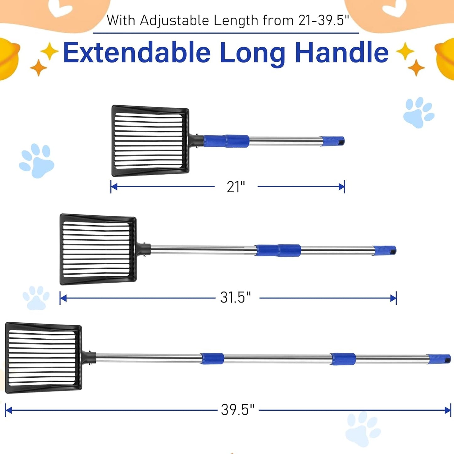 JAMIEWIN Extendable Metal Cat Litter Scoop, Long Handle Litter Sifting Shovel, 21"-39.5" No Bending Back Cat Scooper for Litter Box Heavy Duty Pet Poop Shovel Chicken Poop Scooper
