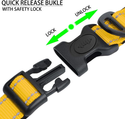 JSXD AirTag Dog Collar, Night Reflective Nylon Dog Collar for Small Medium Large Dogs,Lockable Quick Release Buckle,Padded Breathable Pet Collar with AirTag Holder (Yellow, Large)