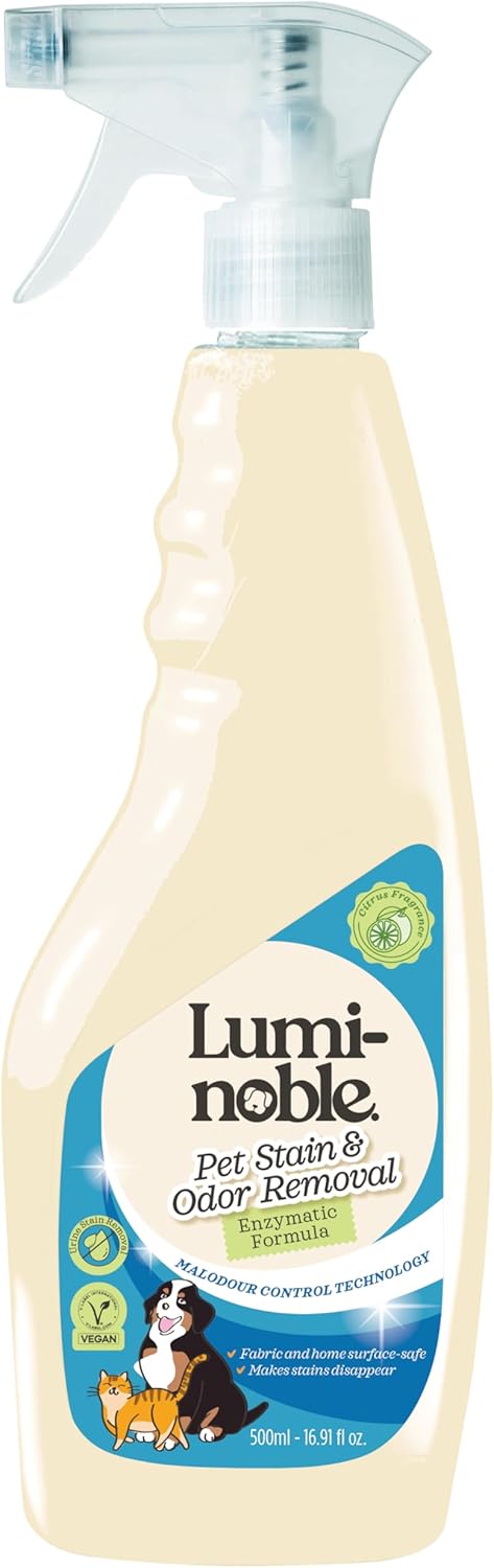 Lumi-Noble Pet Stain & Odor Remover Spray – enzyme cleaner for dog urine and poop carpet, Upholstery & Fabrics – Eliminates Cat Pee, Feces, Vomit & Tough Stains, Eco-Friendly, Vegan, Citrus Scent