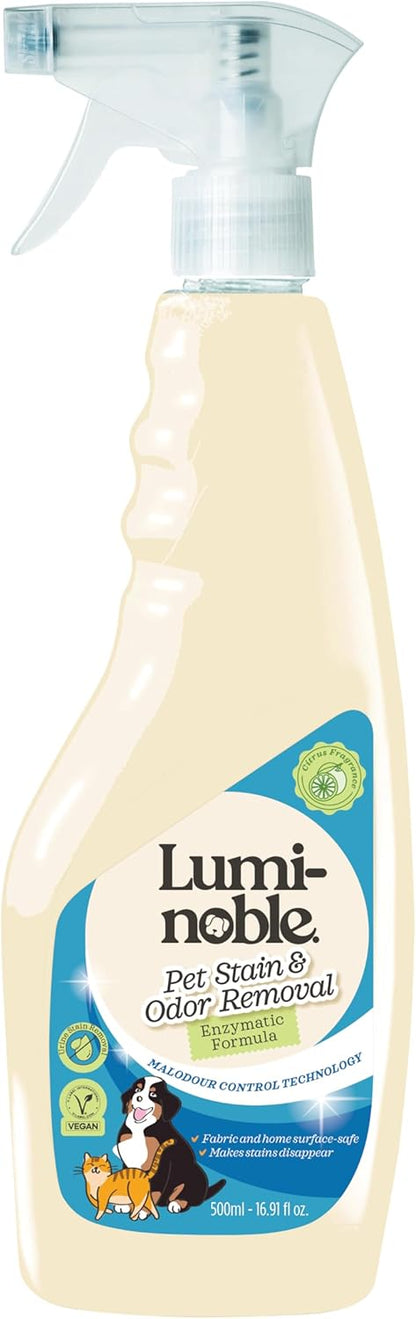 Lumi-Noble Pet Stain & Odor Remover Spray – enzyme cleaner for dog urine and poop carpet, Upholstery & Fabrics – Eliminates Cat Pee, Feces, Vomit & Tough Stains, Eco-Friendly, Vegan, Citrus Scent