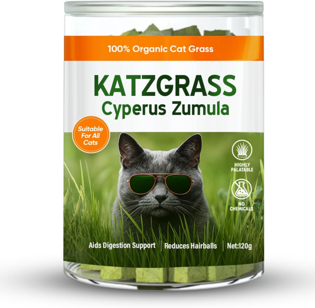 Cat Grass Treats, Natural Hairball Treatment for Cats, Healthy Freeze-Dried Supplement to Aid Digestion and Control Hairballs, 120 g