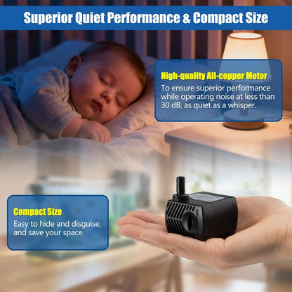 105 GPH Submersible Water Pump with 4.76ft Power Cord and 2 Nozzles 5W Ultra Quiet Mini Fountain Pump with 2.8ft High Lift Aquarium Water Pump for Fish Tank Pond Fountain Hydroponics